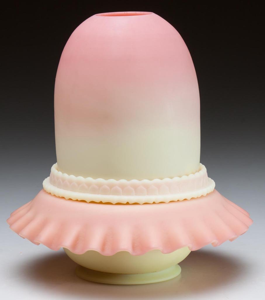 WEBB BURMESE FAIRY LAMP: WEBB BURMESE FAIRY LAMP, plush finish, fairy-size dome fitted on a non-period Fenton Burmese lamp cup and a footed petticoat base, marked S. Clarke on top, while the bottom is marked for Thomas Webb a