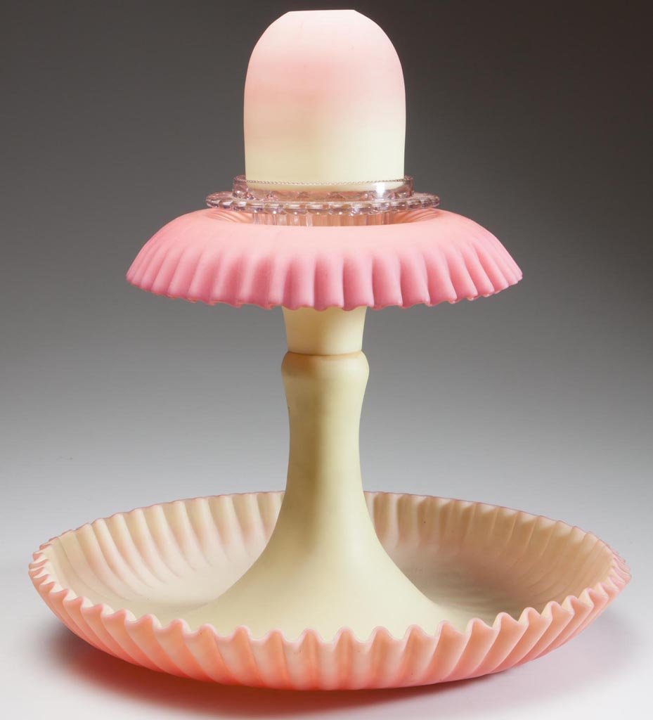 BURMESE EPERGNE FAIRY LAMP: BURMESE EPERGNE FAIRY LAMP, plush finish, fairy-size dome fitted on a colorless lamp cup with Clarke and Portieux markings, raised on a two part modified standard that is joined by epoxy, together by 