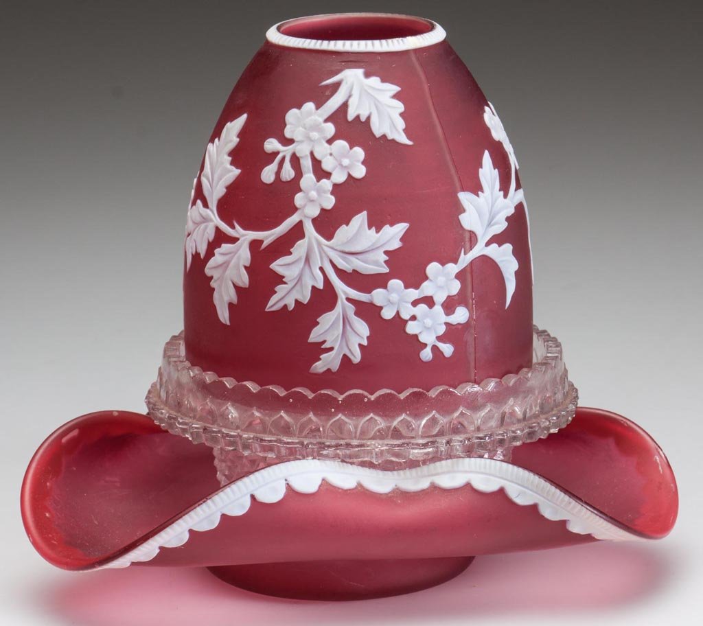 ENGLISH CAMEO FAIRY LAMP: ENGLISH CAMEO FAIRY LAMP, white cut to deep rose, satin finish, fairy-size dome featuring a flowering tree decoration, fitted on a colorless lamp cup marked with Clarke's patent, resting on a matching