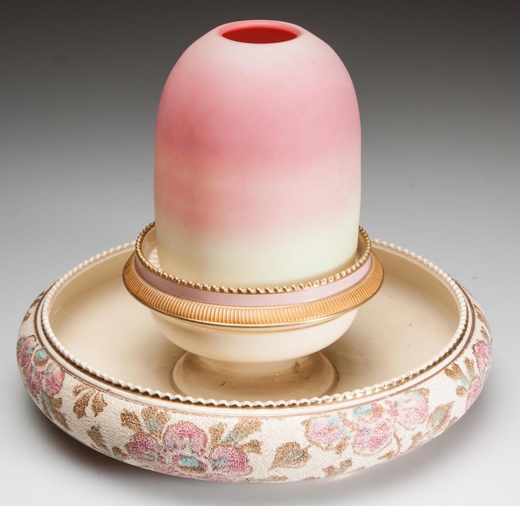 WEBB BURMESE AND CERAMIC FAIRY LAMP: WEBB BURMESE AND CERAMIC FAIRY LAMP, plush finish, fairy-size dome fitted on a ceramic lamp cup with S. Clarke's patent and integral Tapestry Ware handled base with polychrome floral and foliage decor