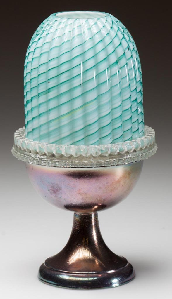 CASED SPEARMINT SWIRL FAIRY LAMP: CASED SPEARMINT SWIRL FAIRY LAMP, fairy-size dome with vertical ribs, fitted on a colorless Clarke's Cricklite lamp cup and silver-plated stand. Fourth quarter 19th century. 7 1/4" H, 3 3/4" D stand. 