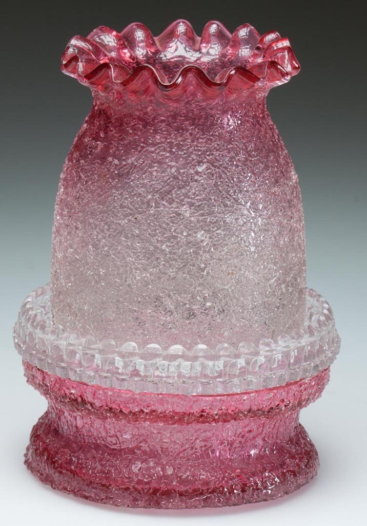 OVERSHOT GLASS FAIRY LAMP: OVERSHOT GLASS FAIRY LAMP, rubina, fairy-size dome with flared ribbon top and two air vents at bottom edge, fitted on a colorless Clarke's Cricklite lamp cup and matching base. Fourth quarter 19th cen