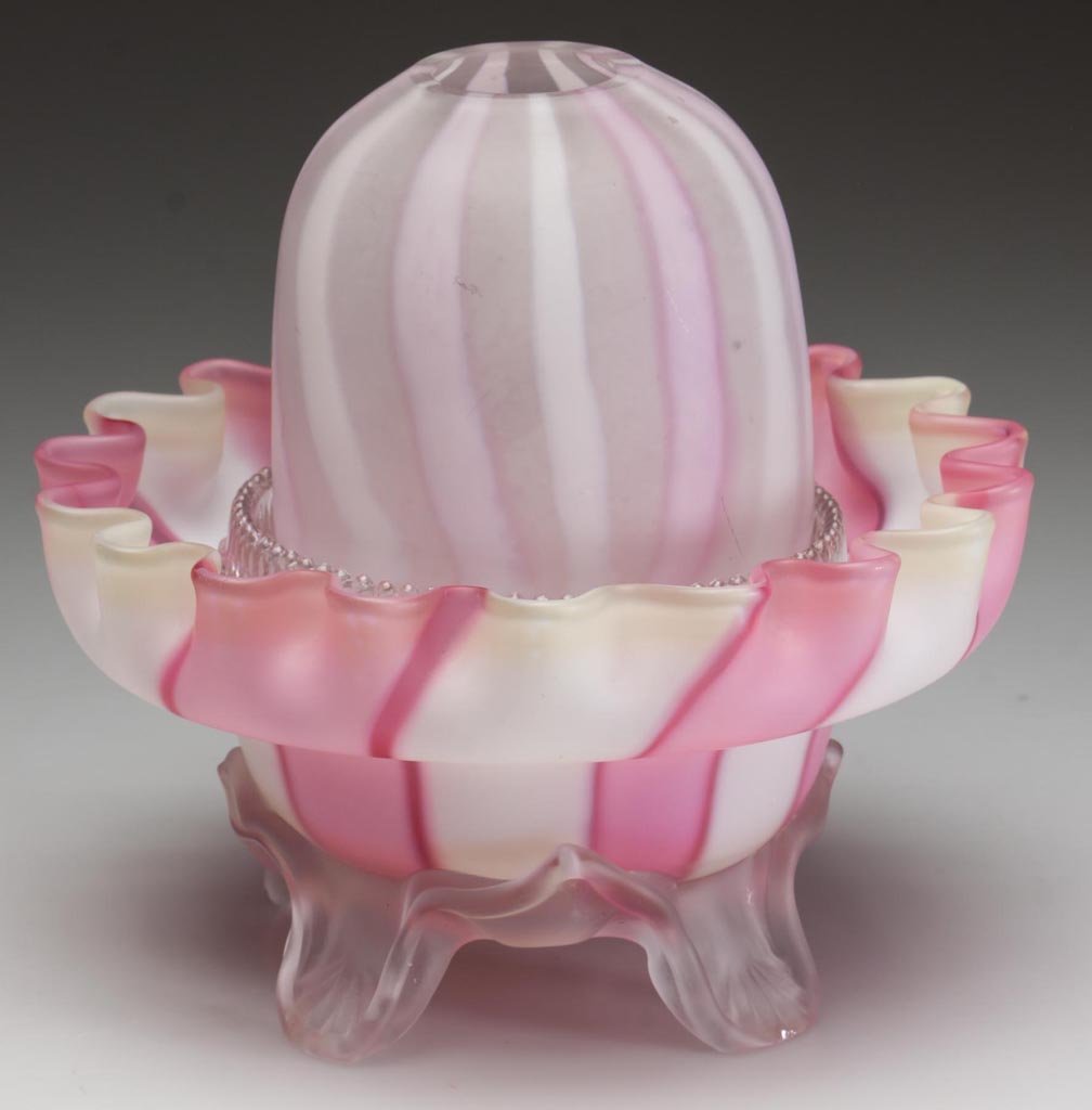 RIBBON STRIPE / "CLEVELAND" PATTERN FAIRY LAMP: RIBBON STRIPE / "CLEVELAND" PATTERN FAIRY LAMP, alternating rose and opal ribbons, satin finish, fairy-size dome of lighter color fitted on a colorless Clarke's lamp cup and ribbon-rim base raised on