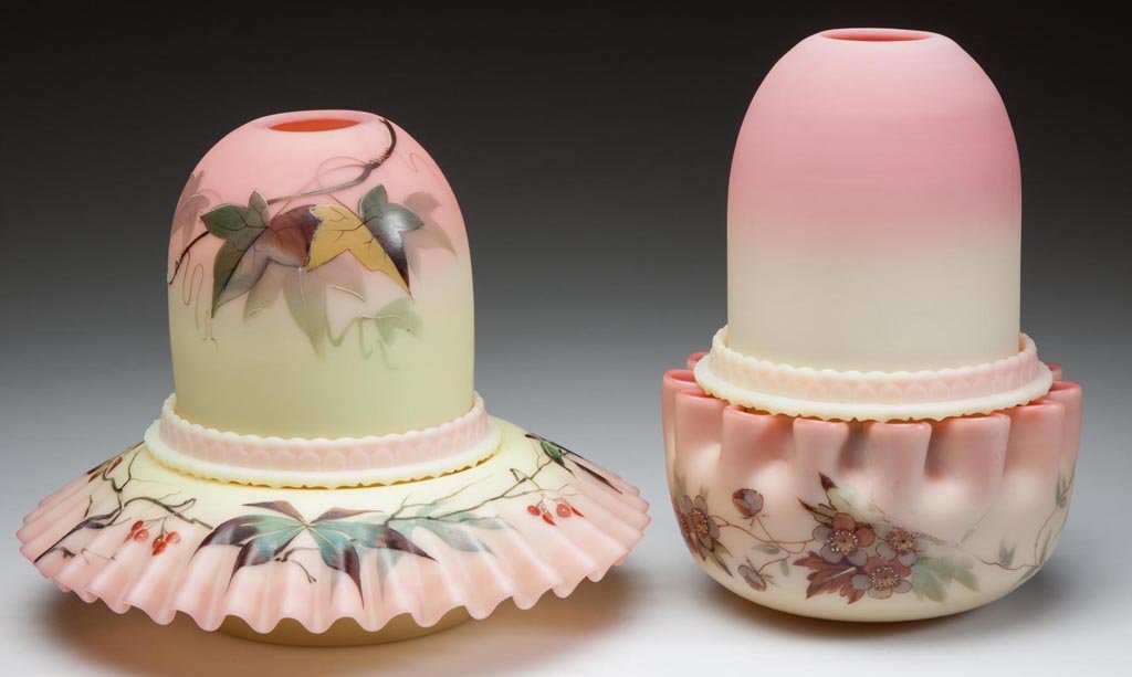 WEBB BURMESE FAIRY LAMPS, LOT OF TWO: WEBB BURMESE FAIRY LAMPS, LOT OF TWO, plush finish, each fairy-size dome fitted on a non-period Fenton Burmese lamp cup and crimped base, three units with polychrome decoration, both bases with acid s