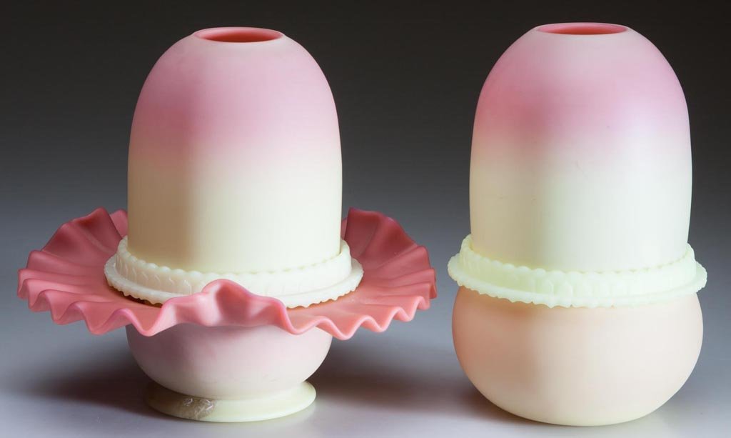 WEBB BURMESE FAIRY LAMPS, LOT OF TWO: WEBB BURMESE FAIRY LAMPS, LOT OF TWO, plush finish, each with fairy-size domes fitted on non-Period Fenton Burmese candle cups, one with a double ruffled base with applied foot marked for Thomas Webb