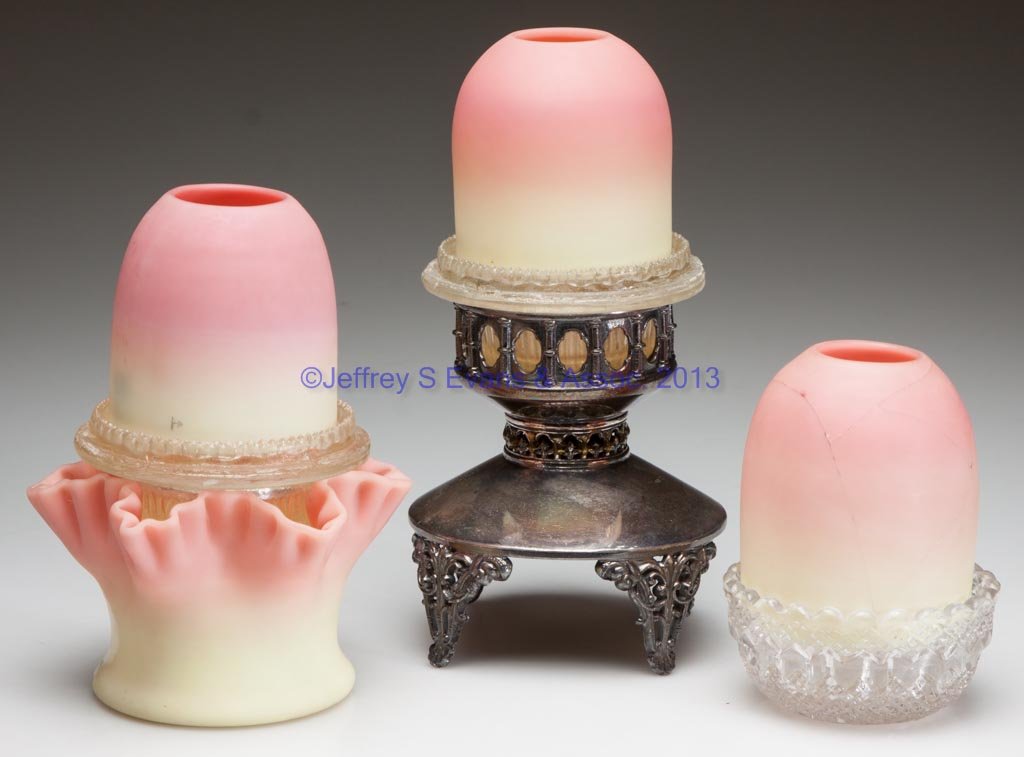 BURMESE FAIRY LAMPS, LOT OF THREE: BURMESE FAIRY LAMPS, LOT OF THREE, plush finish, each pyramid-size dome fitted on different base, two lamp cups are non-original resin copies. Thomas Webb & Sons and others. Fourth quarter 19th centur