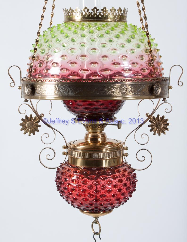 CHARLES PARKER BRASS-FRAME HANGING LIBRARY LAMP: CHARLES PARKER BRASS-FRAME HANGING LIBRARY LAMP, Rubina Verde (uranium) Hobbs No. 323/Dewdrop umbrella-form shade, cranberry Hobnail font holder with brass liner, brass Bradley & Hubbard drop-in font.