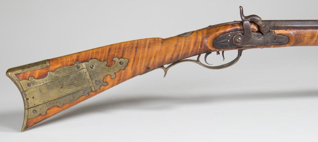 SIGNED "J. LEWIS", AMERICAN KENTUCKY-STYLE LONG RIFLE: SIGNED "J. LEWIS", AMERICAN KENTUCKY-STYLE LONG RIFLE, figured tiger maple full-stock with engraved and pierced brass patchbox, silver thumbpiece. Name inscribed in script on top of barrel. Later perc