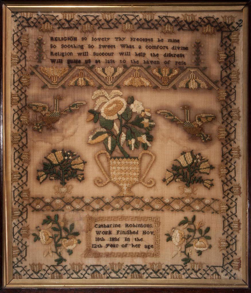 CATHARINE ROBINSON, 1836 NEEDLEWORK SAMPLER: CATHARINE ROBINSON, 1836 NEEDLEWORK SAMPLER, silk on linen, four-line verse flanked by flowering trees, above three elaborate flower urns and two birds in flight, lower panel inscribed "Catharine Robi
