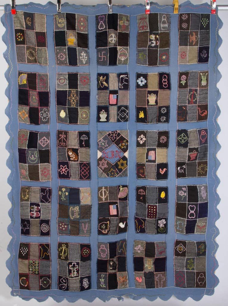 MID-ATLANTIC WOOL EMBROIDERED CRAZY QUILT: MID-ATLANTIC WOOL EMBROIDERED CRAZY QUILT, twenty-five 8 3/4" x 13 1/2" nine-patch blocks on a gray/blue ground with scalloped edge, each block with various figural animals, objects, geometric pattern