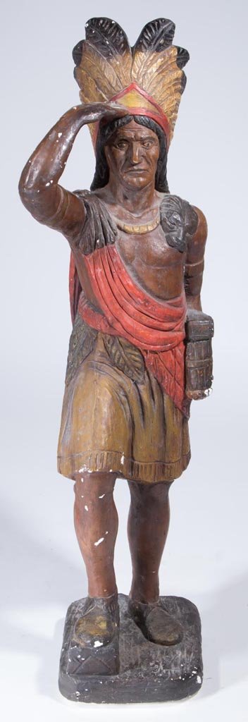 NATIVE AMERICAN PAINTED PLASTER SOLID FIGURE: NATIVE AMERICAN PAINTED PLASTER SOLID FIGURE, cigar store style, polychrome paint. First half 20th century. 38 1/2" H. Very heavy. Provenance: Property of a Northern Virginia private collector.