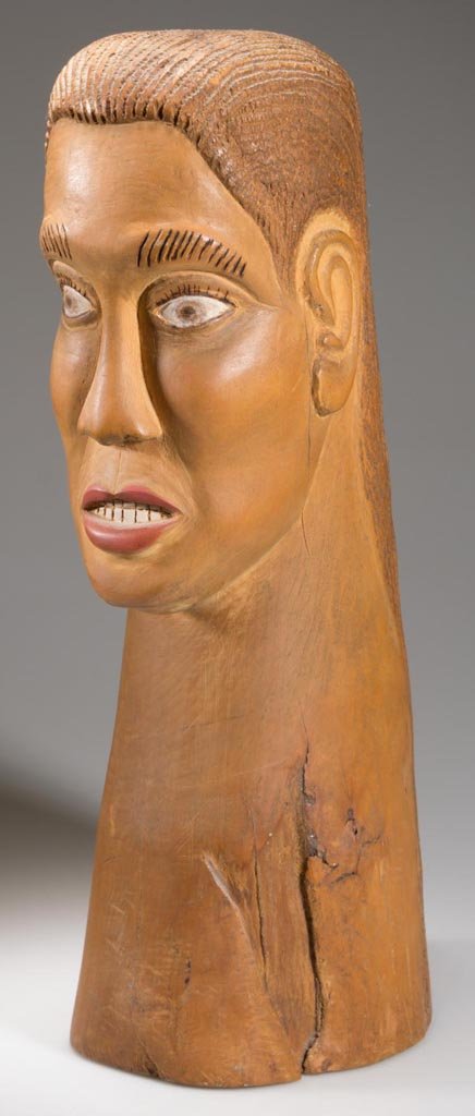 AMERICAN FOLK ART CARVED AND PAINTED BUST OF WOMAN: AMERICAN FOLK ART CARVED AND PAINTED BUST OF WOMAN, figure depicted with long hair, incised eyebrows, and painted eyes, lips, and mouth, signed "JR" on bottom. First half 20th century. 14" HOA. Proven