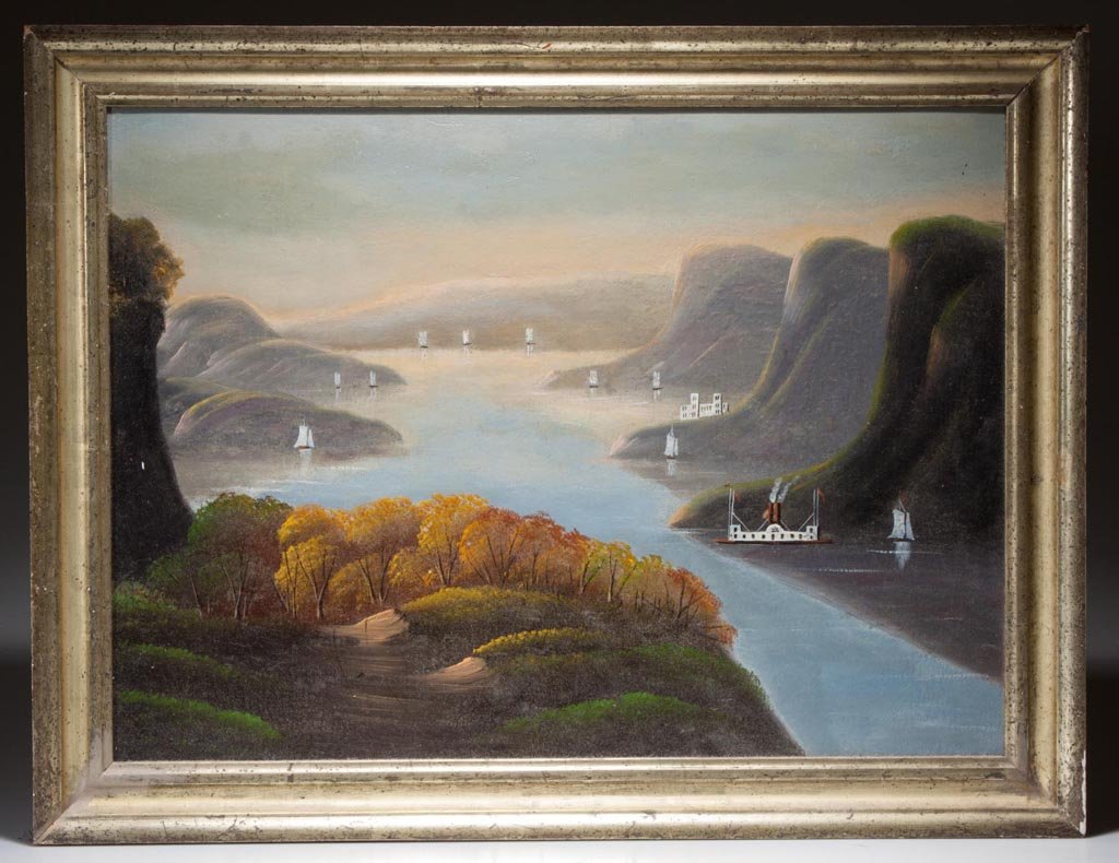 AMERICAN SCHOOL (19TH CENTURY) FOLK ART HUDSON RIVER: AMERICAN SCHOOL (19TH CENTURY) FOLK ART HUDSON RIVER LANDSCAPE PAINTING, oil on board, depicting a sweeping panorama of the Hudson River filled with sailing vessels and a paddlewheeler, no signature l