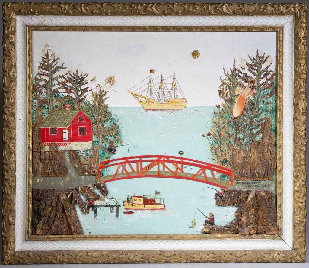 J. W. BRUNGART (20TH CENTURY) COASTAL SCENE PAINTING: J. W. BRUNGART (20TH CENTURY) COASTAL SCENE PAINTING, mixed media on plywood panel, depicting fisherman, boats flying American flags, bridge, cottage, and birds at waterside with cut-outs, carvings, p