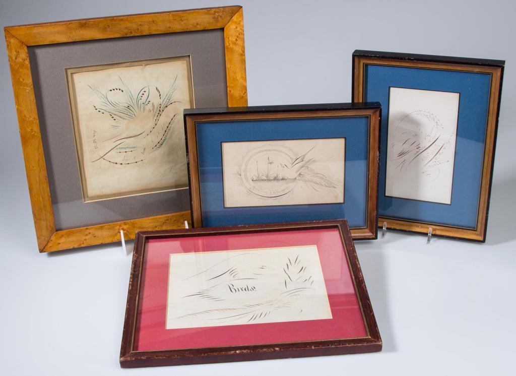 AMERICAN SPENCERIAN PENMANSHIP DRAWINGS, LOT OF FOUR: AMERICAN SPENCERIAN PENMANSHIP DRAWINGS, LOT OF FOUR, ink on paper, three fully signed including L. B. Gardner, D. W. Chadwick and E. M. Potter which is dated 1873 and features blue ink and gilt decor