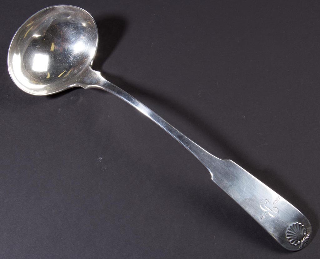 PHILADELPHIA COIN SILVER PUNCH LADLE: PHILADELPHIA COIN SILVER PUNCH LADLE, marked "J.C. FARR" for John C. Farr (act. 1824-1856), shell-end fiddle handle, additional shell on reverse of bowl, later monogrammed dated 1901/1916. Weight: 8.5