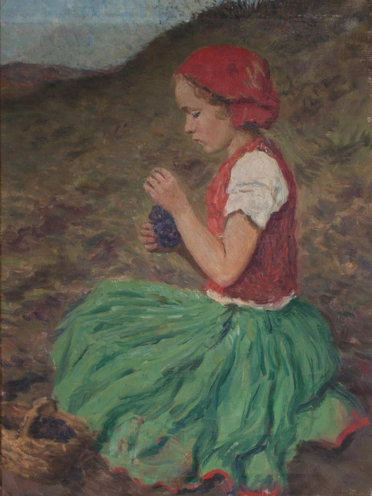OSCAR GLATZ (HUNGARIAN, 1872 - 1958) PORTRAIT: OSCAR GLATZ (HUNGARIAN, 1872 - 1958) PORTRAIT, oil on canvas, depicting, in an impressionistic style with areas of impasto, a young girl in green dress, red vest, and red bonnet seated on a verdant hi