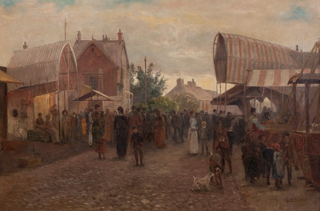 J.C. MORLEY (BRITISH, 19TH AND 20TH CENTURY) MARKET OR: J.C. MORLEY (BRITISH, 19TH AND 20TH CENTURY) MARKET OR FAIR SCENE PAINTING, oil on canvas, depicting an elaborate market or fair scene with dogs, children, men, and women strolling or engaged with mer