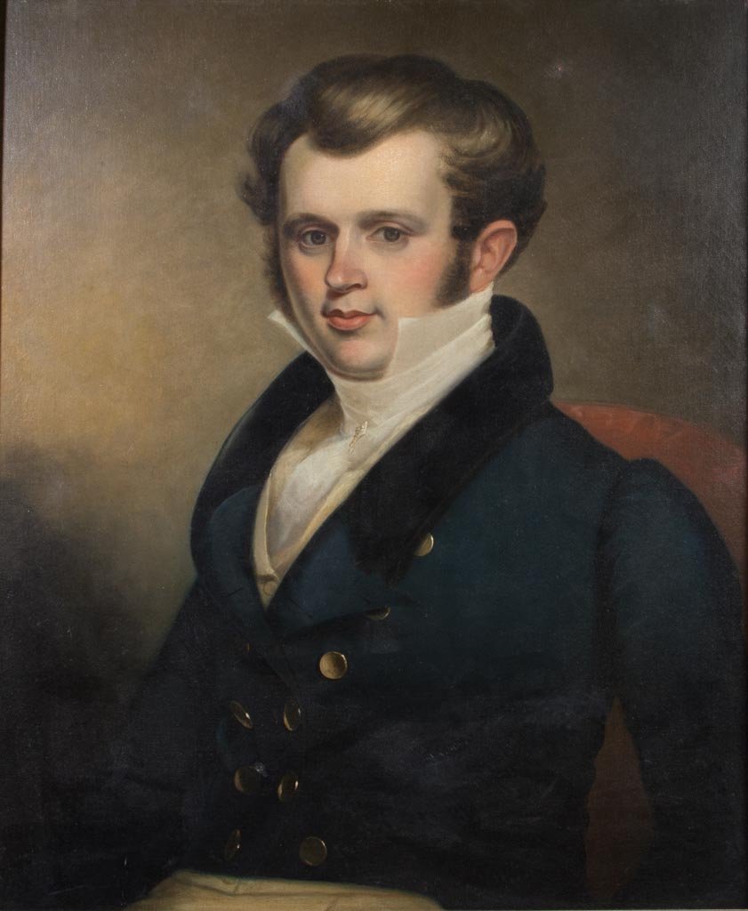 CEPHAS THOMPSON ATTRIBUTED (AMERICAN, 1775 - 1856): CEPHAS THOMPSON ATTRIBUTED (AMERICAN, 1775 - 1856) PORTRAIT PAINTING, oil on canvas, depicting a well-dressed young gentleman sitter in high collar and blue coat with brass buttons, stretcher with old