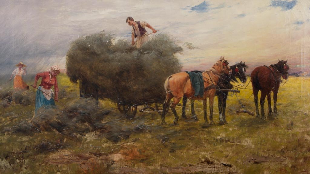 EUROPEAN SCHOOL, (19TH/ 20TH CENTURY) HAYMAKING SCENE: EUROPEAN SCHOOL, (19TH/ 20TH CENTURY) HAYMAKING SCENE PAINTING, oil on canvas, depicting a farmer and wife loading freshly-cut hay onto a wagon pulled by draft horses in a verdant, windswept field, si
