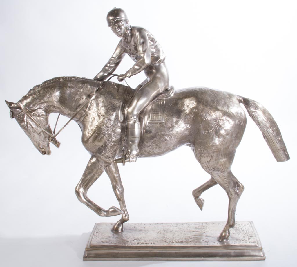 AFTER ISIDORE-JULES BONHEUR (FRENCH, 1827-1901) LARGE: AFTER ISIDORE-JULES BONHEUR (FRENCH, 1827-1901) LARGE SILVERED BRONZE EQUESTRIAN SCULPTURE, depicting a thoroughbred horse and jockey, stamped "BONHUER" on XXX. No other markings located. 20th century