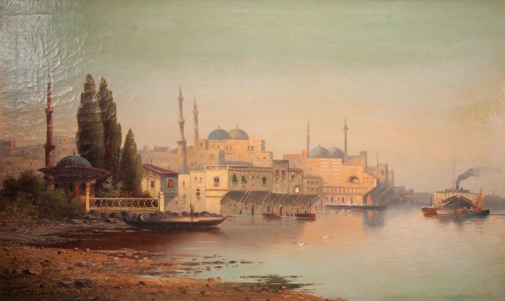 EUROPEAN SCHOOL (LATE 19TH CENTURY) ORIENTALIST: EUROPEAN SCHOOL (LATE 19TH CENTURY) ORIENTALIST LANDSCAPE PAINTING, oil on canvas, depicting a Middle Eastern city riverside with boats, barge, buildings, and minarets, signed "Tomola" lower left. In 