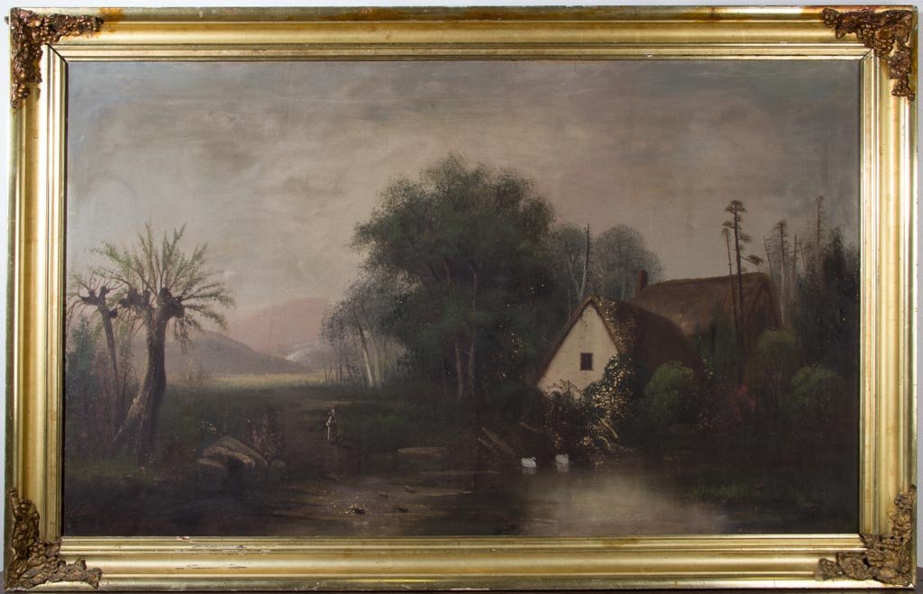 BRITISH OR CONTINENTAL SCHOOL (19TH CENTURY) LANDSCAPE: BRITISH OR CONTINENTAL SCHOOL (19TH CENTURY) LANDSCAPE PAINTING, oil on canvas, of very large size, depicting a cottage by pond with geese and figure at waterside and mountainous background, no signat