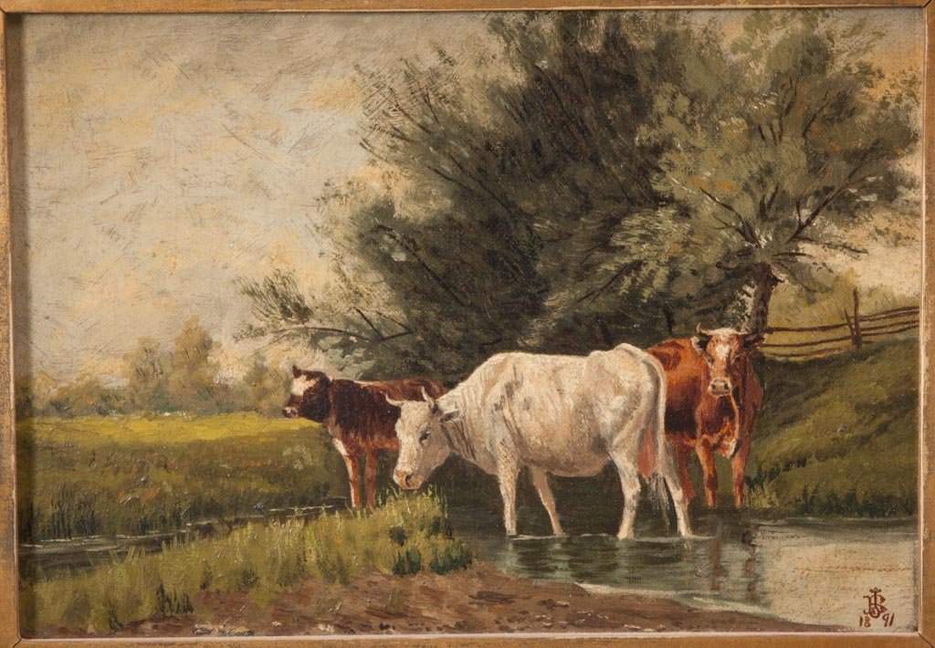 AMERICAN SCHOOL (LATE 19TH CENTURY) RURAL SCENE: AMERICAN SCHOOL (LATE 19TH CENTURY) RURAL SCENE PAINTING, oil on canvas, depicting three cows standing in a stream in a sunny, bucolic landscape, monogrammed "J. (?) B. 1891" lower right. In period ca