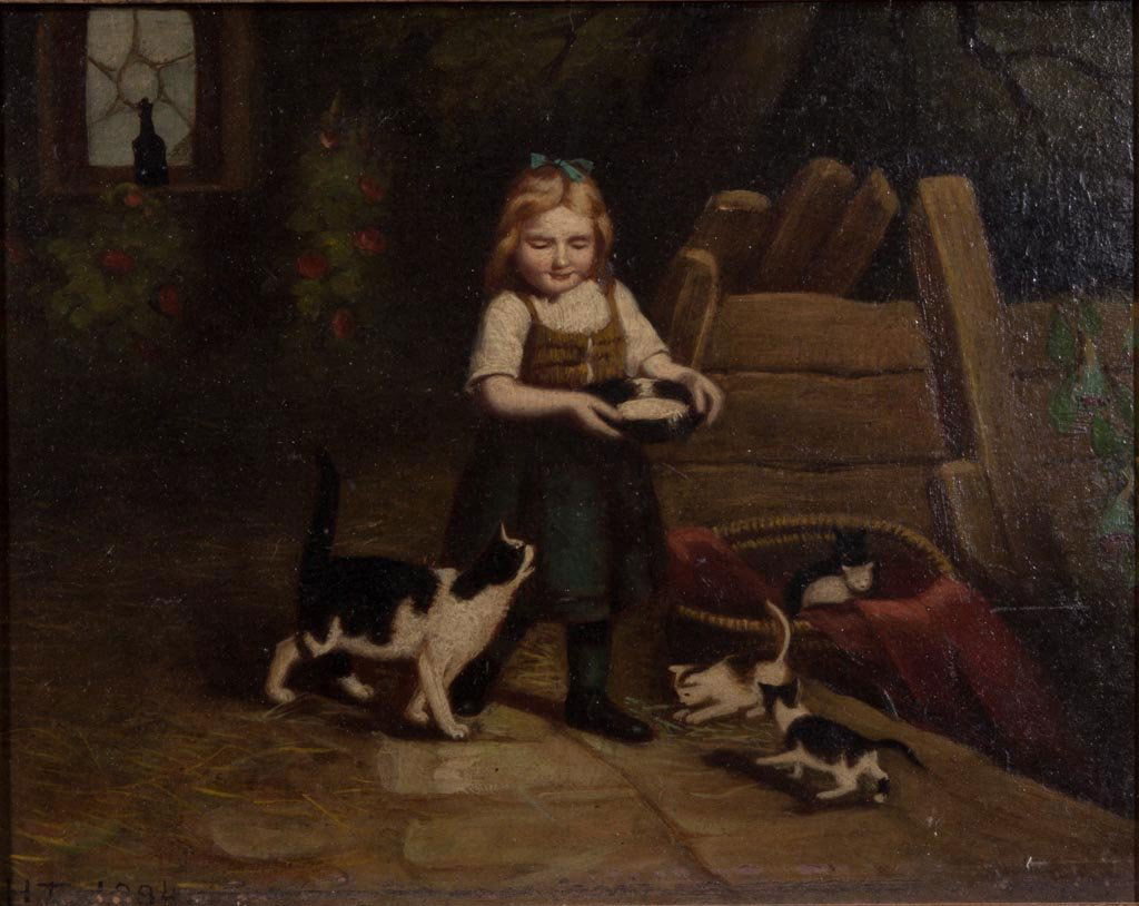 CONTINENTAL OR BRITISH SCHOOL (LATE 19TH / EARLY 20TH: CONTINENTAL OR BRITISH SCHOOL (LATE 19TH / EARLY 20TH CENTURY) GENRE SCENE PAINTING, oil on board, depicting a young girl in a courtyard carrying a bowl of milk while surrounded by black and white cat