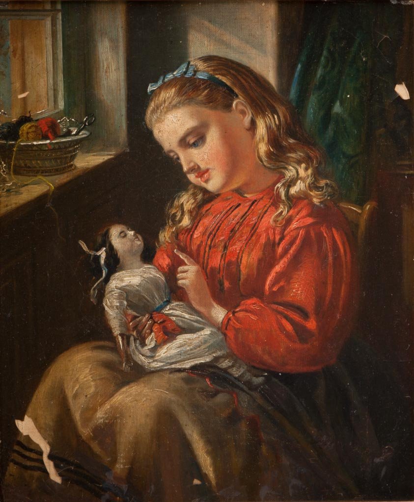AMERICAN OR EUROPEAN SCHOOL (LATE 19TH / EARLY 20TH: AMERICAN OR EUROPEAN SCHOOL (LATE 19TH / EARLY 20TH CENTURY) SENTIMENTAL PAINTING, oil on canvas, depicting a young girl in red blouse seated at a sunlit window with sewing basket on ledge while givin