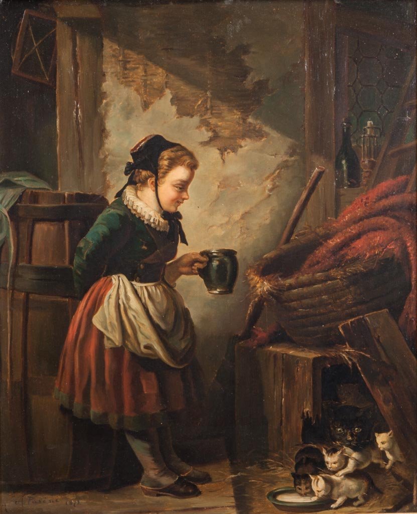 ALBERTO PASINI (ITALIAN, 19TH CENTURY) GENRE SCENE: ALBERTO PASINI (ITALIAN, 19TH CENTURY) GENRE SCENE PAINTING, oil on tin, depicting a smiling young girl with pitcher of milk feeding a mother cat and kittens ensconced in a straw-filled crate in a sun