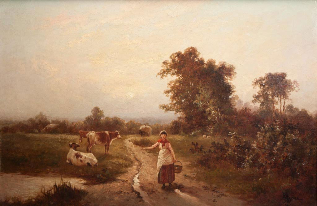 J. (?)BOEL (BRITISH OR CONTINENTAL SCHOOL, 19TH: J. (?)BOEL (BRITISH OR CONTINENTAL SCHOOL, 19TH CENTURY) RURAL SCENE PAINTING, oil on canvas, depicting a young milkmaid with bright red scarf returning from the field with cows, a cottage, and a hay