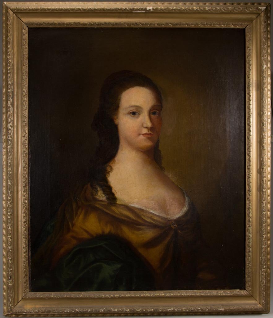 AMERICAN OR BRITISH SCHOOL (LATE 18TH / EARLY 19TH: AMERICAN OR BRITISH SCHOOL (LATE 18TH / EARLY 19TH CENTURY) PORTRAIT PAINTING, oil on canvas, depicting a fashionable young lady in flowing gold and green dress, frame with old labels referring to a "