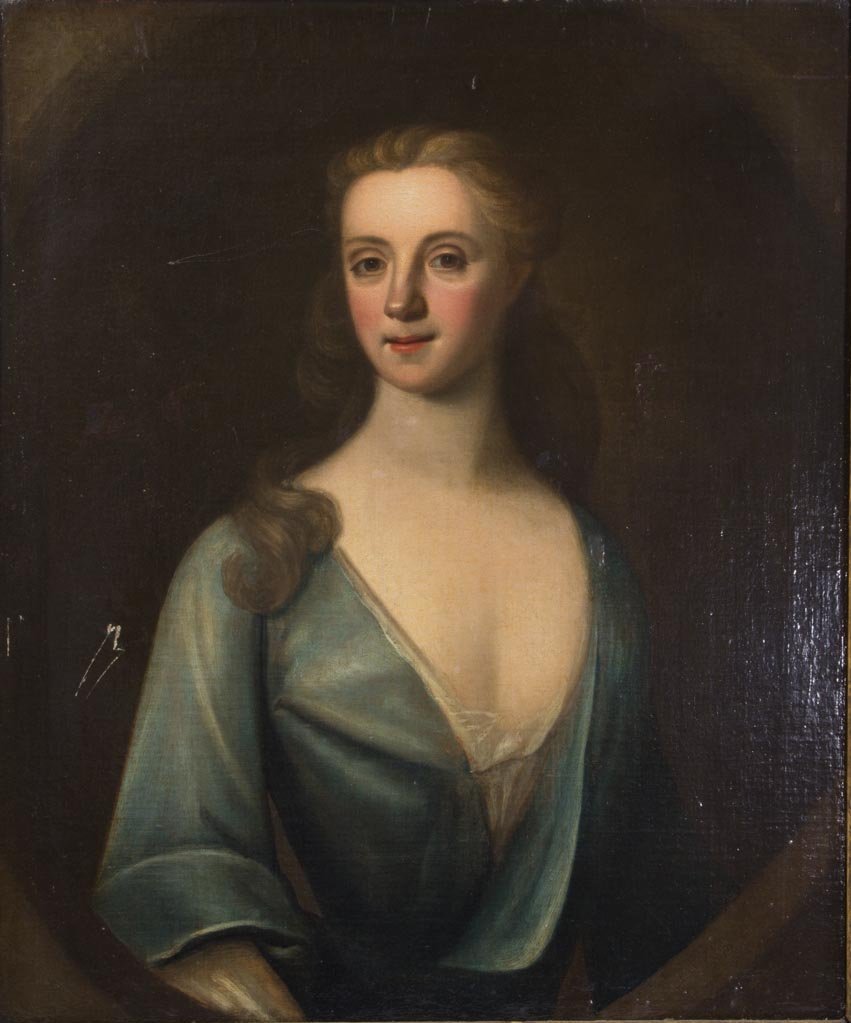 BRITISH OR CONTINENTAL SCHOOL (LATE 18TH / EARLY 19TH: BRITISH OR CONTINENTAL SCHOOL (LATE 18TH / EARLY 19TH CENTURY) PORTRAIT PAINTING, oil on canvas, depicting a young woman in elegant, low-cut blue dress, no signature located. In period frame. Late 18t
