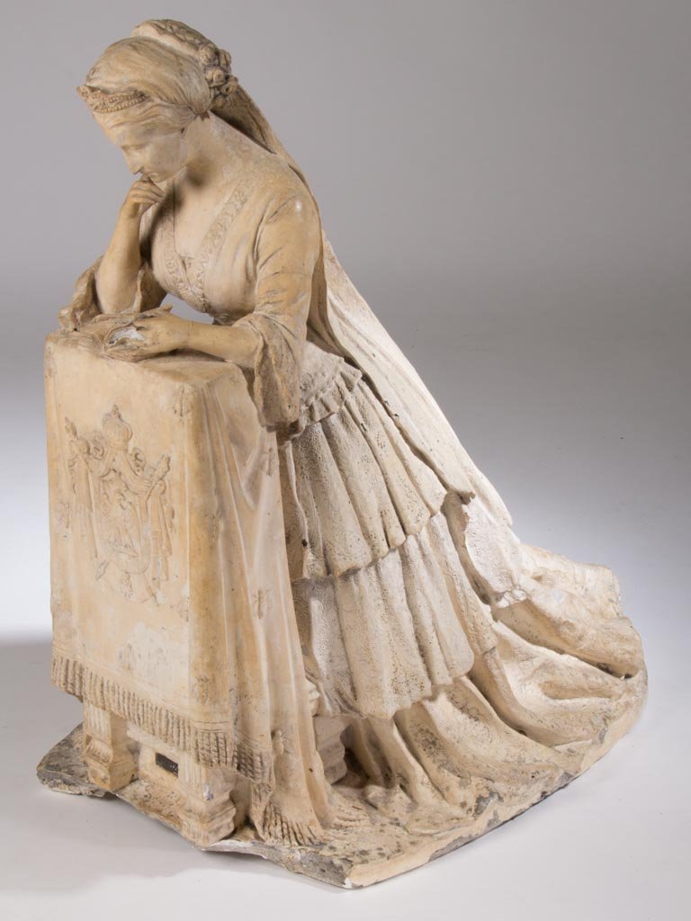 AMERICAN OR EUROPEAN ROGERS-TYPE PLASTER STATUE: AMERICAN OR EUROPEAN ROGERS-TYPE PLASTER STATUE, depicting Empress Eugenie praying, after Lefevre (1853). 19th century. 28" HOA, 15 1/2" WOA, 24" DOA. Provenance: Collection of the late Margaret "Magg