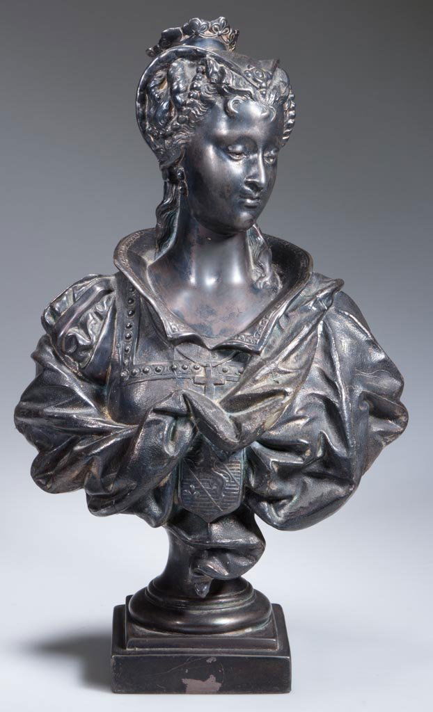 EUTROPE BOURET (FRENCH, 1833 - 1906) QUADRUPLE-PLATE: EUTROPE BOURET (FRENCH, 1833 - 1906) QUADRUPLE-PLATE BUST, of a noble lady, raised on pedestal, marked "Bouret" at back. Late 19th century. 11 3/4" HOA, 7" WOA. Provenance: Collection of the late Marg