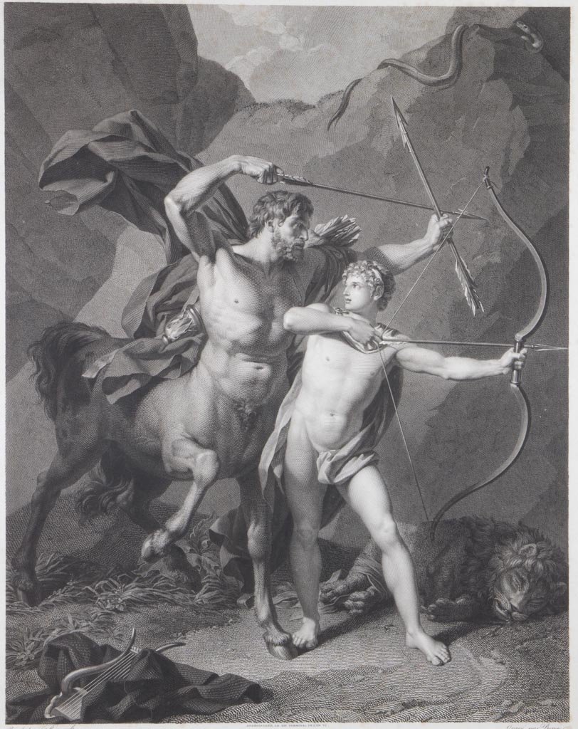 AFTER JEAN BAPTISTE REGNAULT (1754-1829) ENGRAVING: AFTER JEAN BAPTISTE REGNAULT (1754-1829) ENGRAVING, "L'eduction d'Achille", engraved by Charles Clement Bervic (1756-1822). Modern frame and mat. Late 18th/early 19th century. 20" x 16" sight. Provena