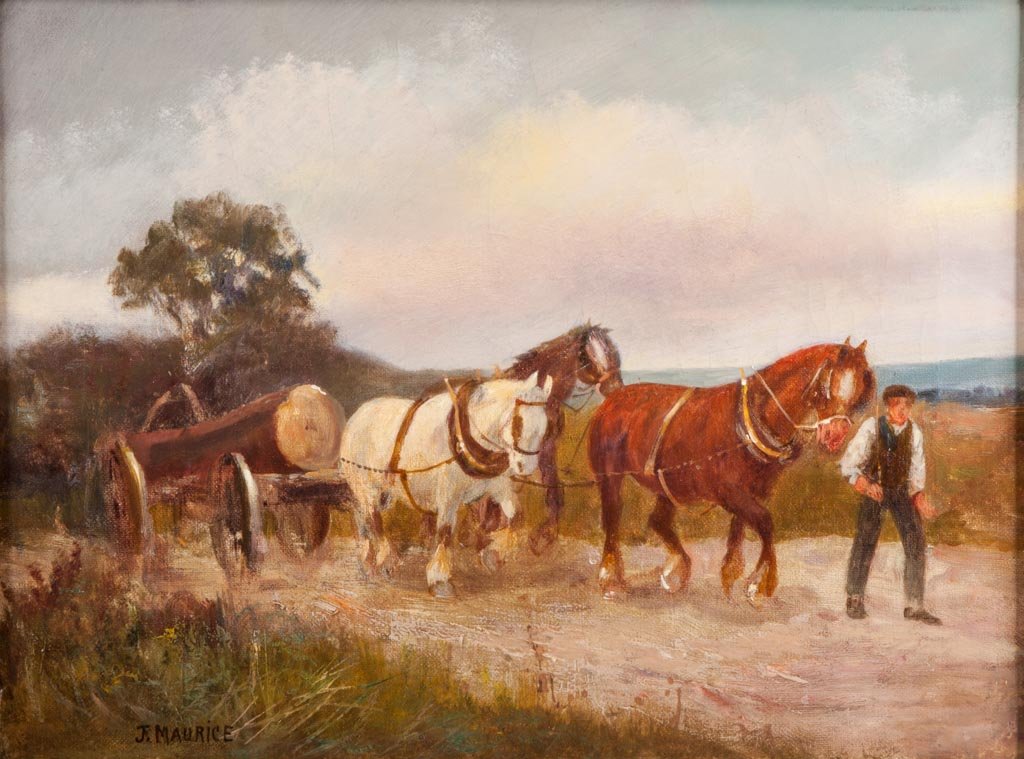 J. MAURICE (BRITISH, 19TH/20TH CENTURY) RURAL SCENE: J. MAURICE (BRITISH, 19TH/20TH CENTURY) RURAL SCENE PAINTING, oil on canvas, depicting a team of horses hauling a large piece of lumber in a bucolic setting, signed "J. Maurice" lower left. In early f