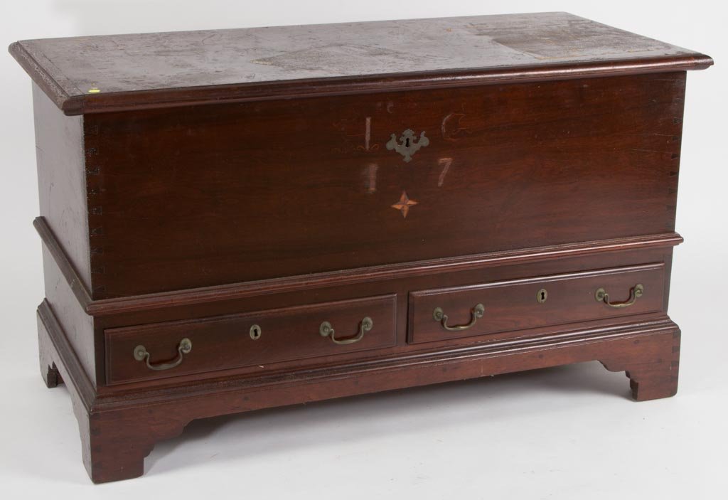 SHENANDOAH VALLEY OF VIRGINIA CHIPPENDALE INLAID WALNUT: SHENANDOAH VALLEY OF VIRGINIA CHIPPENDALE INLAID WALNUT BLANKET CHEST, the lid with a molded front edge and applied "bread-board" end moldings, above a dovetailed case and two lower lip-molded half-le
