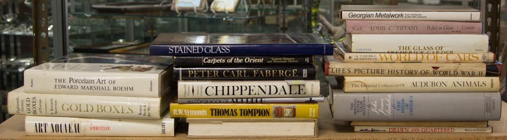 ASSORTED ANTIQUES REFERENCE VOLUMES, LOT OF 19: ASSORTED ANTIQUES REFERENCE VOLUMES, LOT OF 19, including Gold Boxes, Faberge, Tiffany, and Steuben. Hard covers with dust jackets. 20th century. Provenance: From an Albemarle, Co., Virginia private l