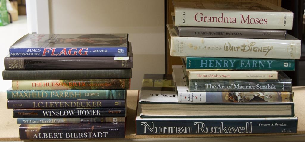 ASSORTED FINE ART REFERENCE VOLUMES, LOT OF 18: ASSORTED FINE ART REFERENCE VOLUMES, LOT OF 18, American popular artists including Grandma Moses, Rockwell, Hopper, Sendak, and Walt Disney. Hard covers with dust jackets. 20th century. Provenance: Fr