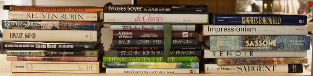 ASSORTED FINE ART REFERENCE VOLUMES, LOT OF 24: ASSORTED FINE ART REFERENCE VOLUMES, LOT OF 24, primarily 20th century artists including Monet, Sassone, Munch, and Sargent. Hard covers with dust jackets, one with slip case. 20th century. Provenance
