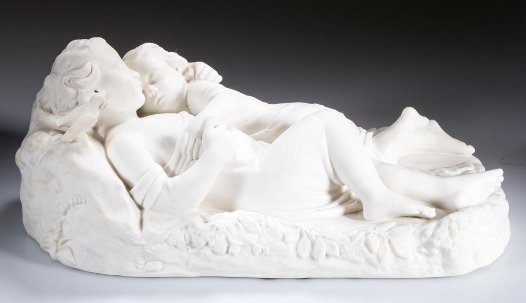 ENGLISH MINTON PARIAN PORCELAIN "BABES IN THE WOODS",: ENGLISH MINTON PARIAN PORCELAIN "BABES IN THE WOODS", AFTER JOHN BELL, depicting two sleeping children with bird perched on mound, inscribed "May 5th" under base, no other markings located. Modeled af