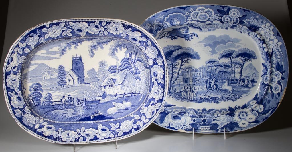 STAFFORDSHIRE SCENIC VIEWS PRINTED TRANSFERWARE: STAFFORDSHIRE SCENIC VIEWS PRINTED TRANSFERWARE PLATTERS, LOT OF TWO, medium blue and white, comprising a romantic example titled "Residence of Solimenes near Vesuvius" and a rural pastoral example wi