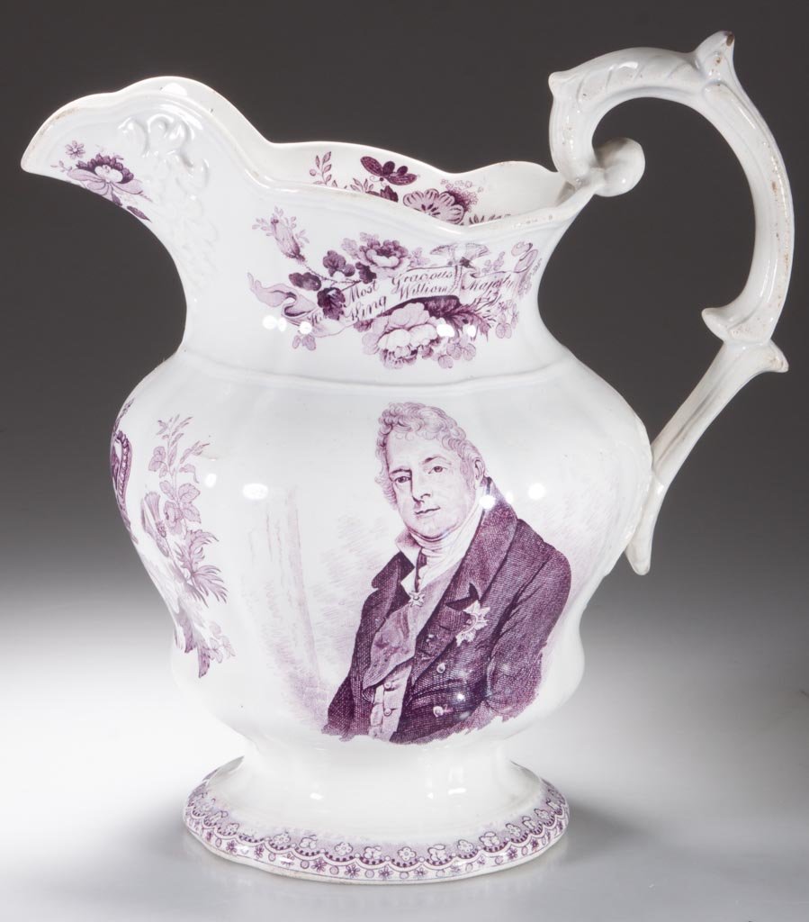 ENGLISH STAFFORDSHIRE POTTERY KING WILLIAM IV & QUEEN: ENGLISH STAFFORDSHIRE POTTERY KING WILLIAM IV & QUEEN ADELAIDE COMMEMORATIVE PITCHER, with scalloped rim, molded foliate patterns under spout and with lobed, double globular waist above the swelling f