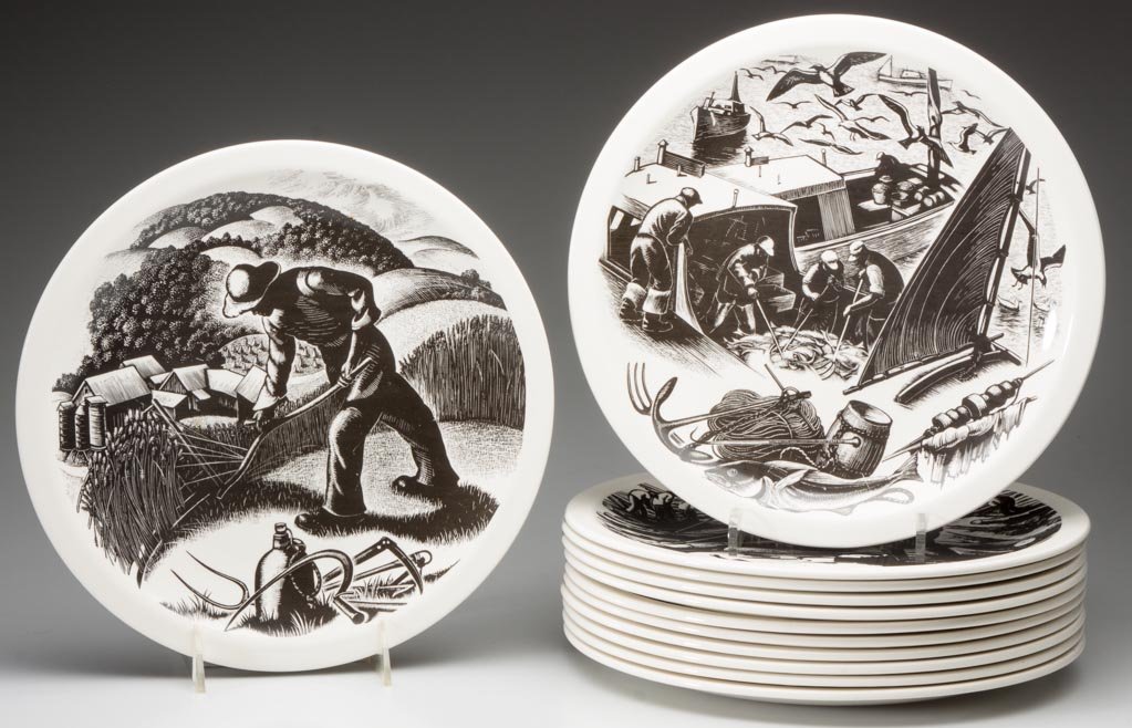 WEDGWOOD CLARE LEIGHTON "NEW ENGLAND INDUSTRIES": WEDGWOOD CLARE LEIGHTON "NEW ENGLAND INDUSTRIES" PLATES, SET OF 12, each printed with a different wood engraving, appropriate printed and impressed back markings. Mid 20th century. 10 1/2" D. Provenan
