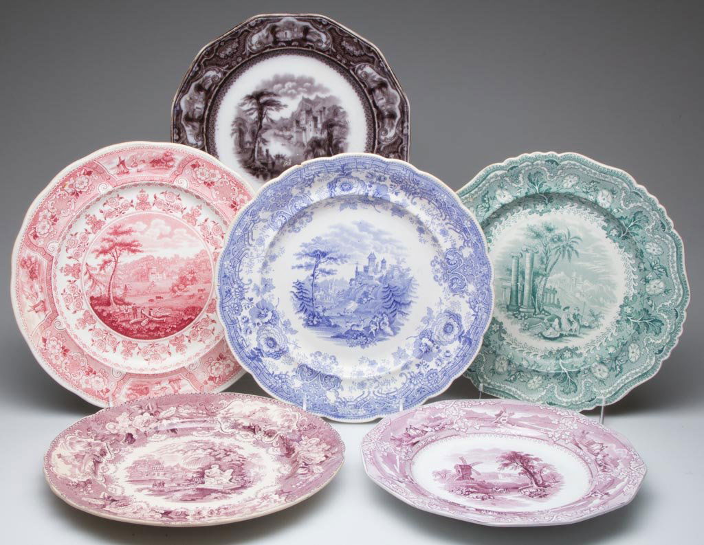 STAFFORDSHIRE SCENIC VIEWS PRINTED TRANSFERWARE PLATES,: STAFFORDSHIRE SCENIC VIEWS PRINTED TRANSFERWARE PLATES, LOT OF SIX, medium blue, green, purple, red, black/mulberry and white various makers and views, markings include W. R. and Co "Tyrolean", "Washi