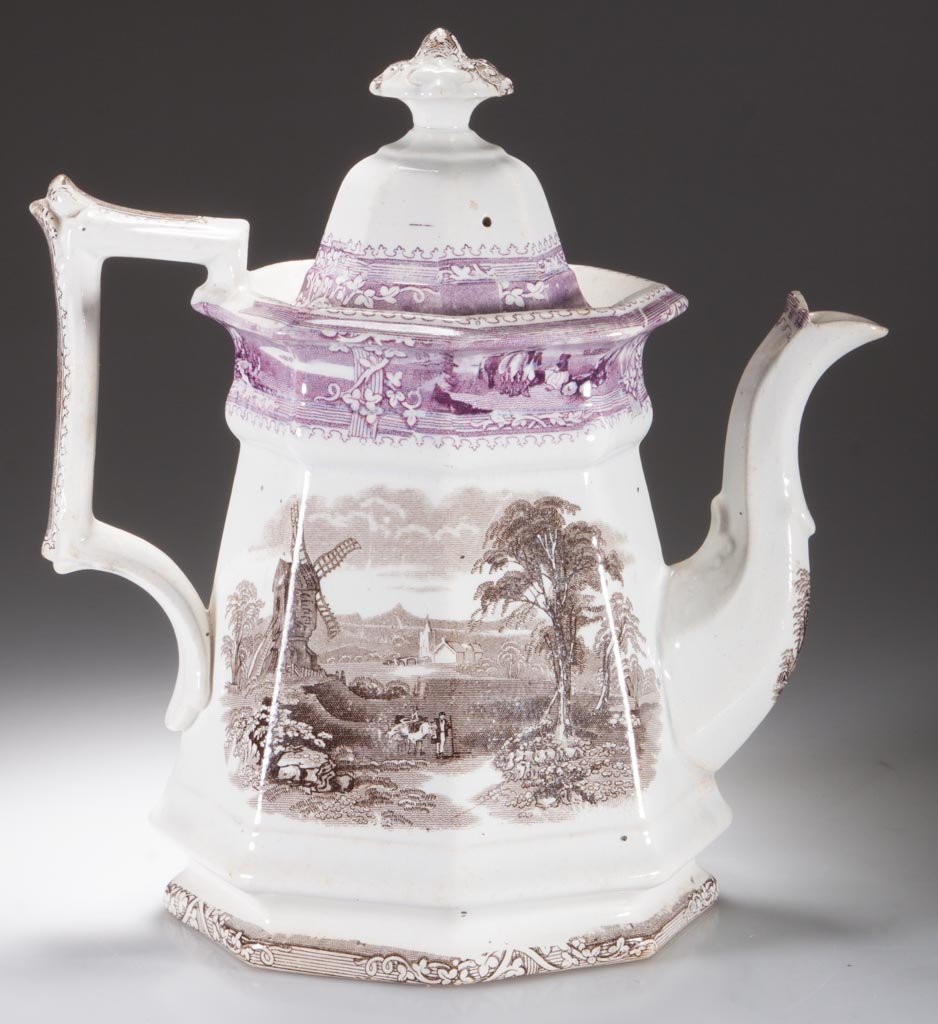 ENGLISH STAFFORDSHIRE POTTERY G. WOOLISCROFT TWO-COLOR: ENGLISH STAFFORDSHIRE POTTERY G. WOOLISCROFT TWO-COLOR TRANSFER-PRINTED IRONSTONE TEAPOT, the octagonal-panelled flaring teapot printed in dark brown with a rural scene including a windmill, with purp