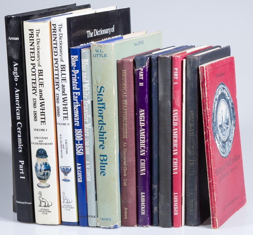 ASSORTED CERAMICS REFERENCE VOLUMES, LOT OF 13: ASSORTED CERAMICS REFERENCE VOLUMES, LOT OF 13, including Arman, "Anglo-American Ceramics Part I". Hard and soft covers. Provenance: Collection of the late Margaret "Maggie" and Norwyn Rowe of Washing