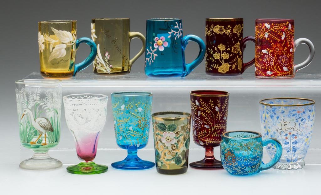 ASSORTED CONTINENTAL DECORATED LIQUOR GLASSES, LOT OF: ASSORTED CONTINENTAL DECORATED LIQUOR GLASSES, LOT OF 12, various colors including cranberry and ruby stained, Moser-type and other enamel decoration. Bohemia and others. Late 19th/first quarter 20th 